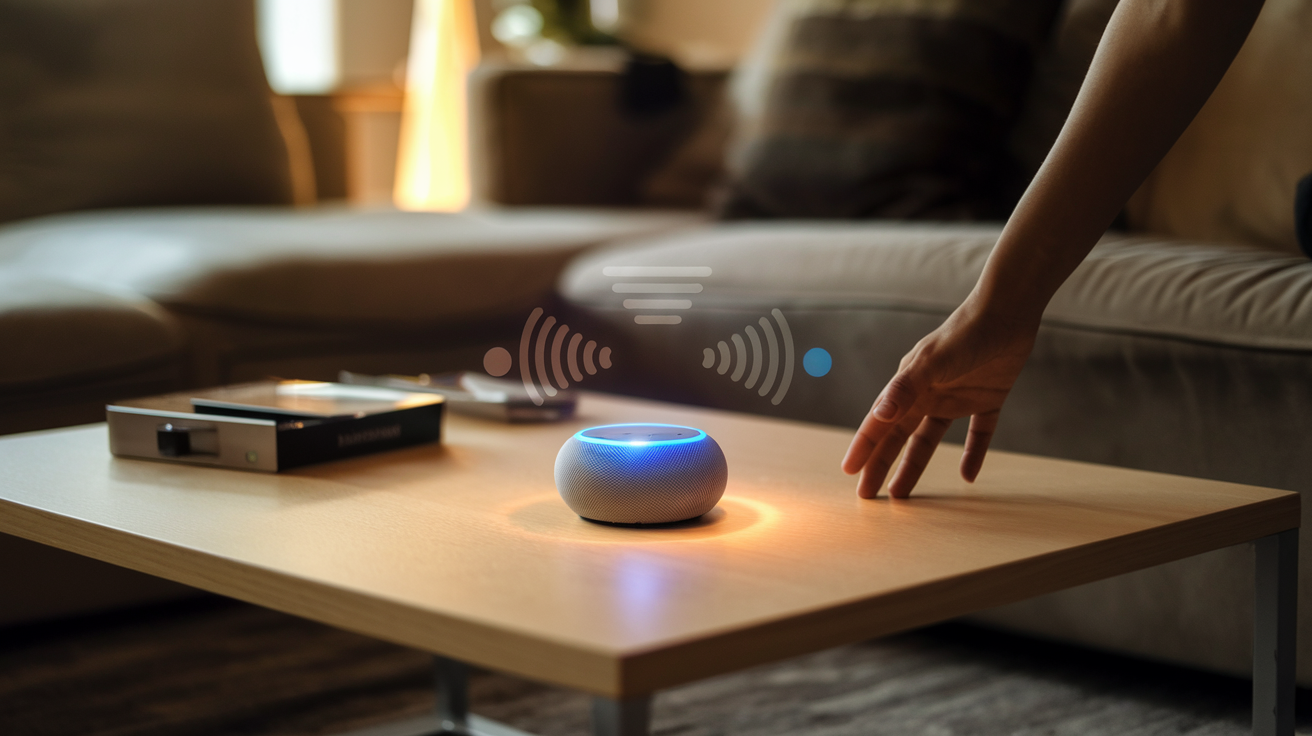 Create a realistic image of a modern living room with a smart home assistant device (like Amazon Echo or Google Home) placed on a coffee table, with a person's hand visible reaching towards it, warm ambient lighting highlighting the device, and subtle visual cues of voice commands (like sound waves) emanating from the device, showcasing its voice-control capabilities in a comfortable home setting.