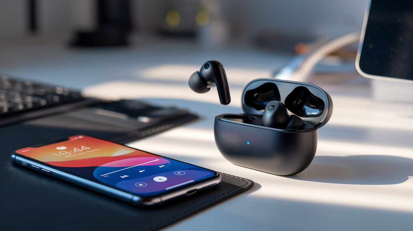 Create a realistic image of sleek wireless earbuds in their charging case next to a smartphone playing music, with one earbud lifted slightly showing its ergonomic design, on a modern desk with soft morning light highlighting the premium materials and touch controls of the earbuds, conveying the freedom from wires and mobility aspect of wireless audio technology.
