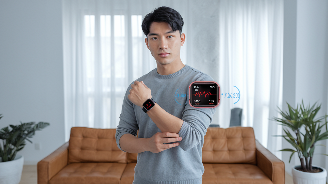 Create a realistic image of a modern smartwatch displaying health metrics (heart rate, step count) on its screen, worn on the wrist of a young Asian male who is casually dressed, looking at the watch while standing in a bright, modern living room with a smartphone nearby, emphasizing the connectivity between devices.