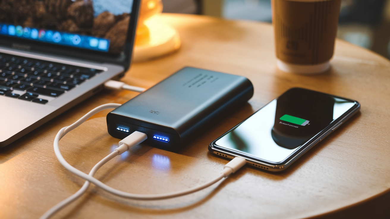 Create a realistic image of a sleek portable power bank connected to a smartphone with a charging cable, positioned on a coffee shop table next to a laptop and coffee cup, with a low battery indicator visible on the phone screen, warm ambient lighting highlighting the power bank's modern design and LED power indicators.