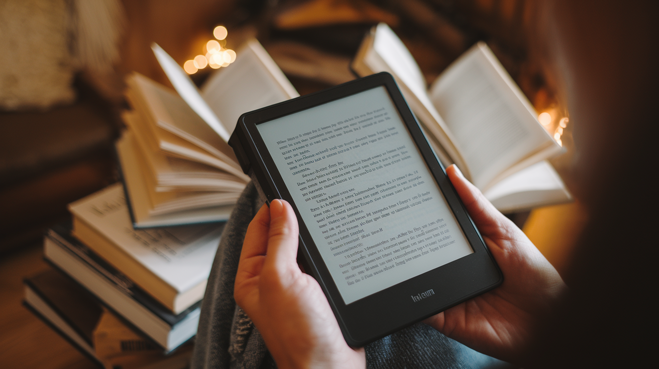 Create a realistic image of a sleek, modern e-reader device held in a person's hand against a cozy background, with the screen displaying an open book page, surrounded by a few physical books to emphasize the "library in your pocket" concept, with warm ambient lighting creating a comfortable reading atmosphere.