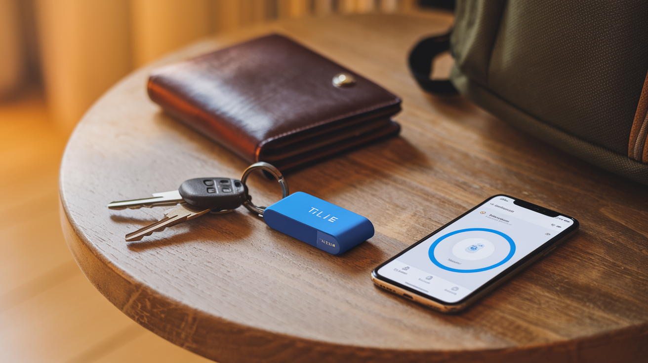Create a realistic image of a modern Bluetooth tracker device (like Tile or AirTag) attached to a keyring with house keys, a wallet, and a backpack nearby on a wooden table, with a smartphone displaying a tracking app showing the location of these items, all in warm indoor lighting suggesting home organization and practical everyday technology.