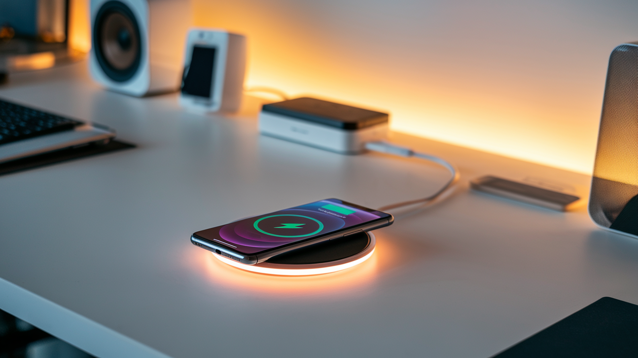 Create a realistic image of a sleek, modern wireless charging pad on a clean, minimalist desk with a smartphone charging on it, surrounded by a clutter-free workspace with neatly organized accessories, warm ambient lighting highlighting the charging pad's subtle glow, and a few tech gadgets nearby to emphasize the tech-focused environment.