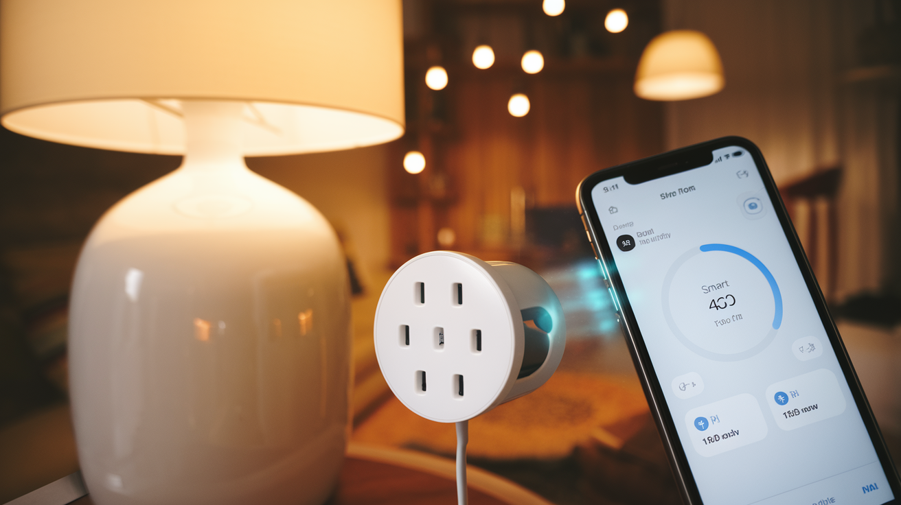 Create a realistic image of a modern living room with a smartphone displaying a smart home app controlling various devices, with a close-up of a white smart plug connected to a lamp that is turning on, demonstrating remote control functionality in a warm, well-lit environment with subtle blue interface glow on the phone screen.