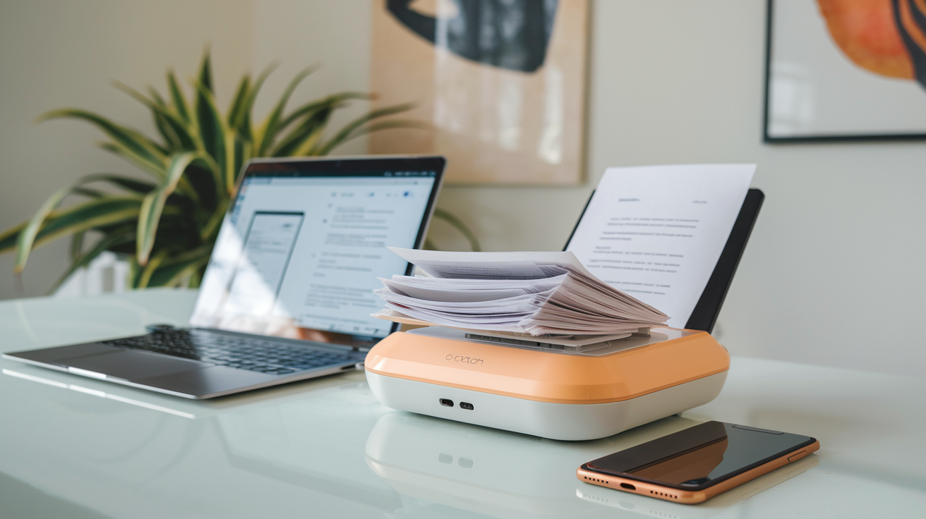 Create a realistic image of a sleek, compact portable document scanner sitting on a clean desk next to a smartphone, with neatly organized papers being fed into the scanner, and a laptop nearby showing digitized documents, highlighting the efficiency of going paperless in a bright, modern home office setting.