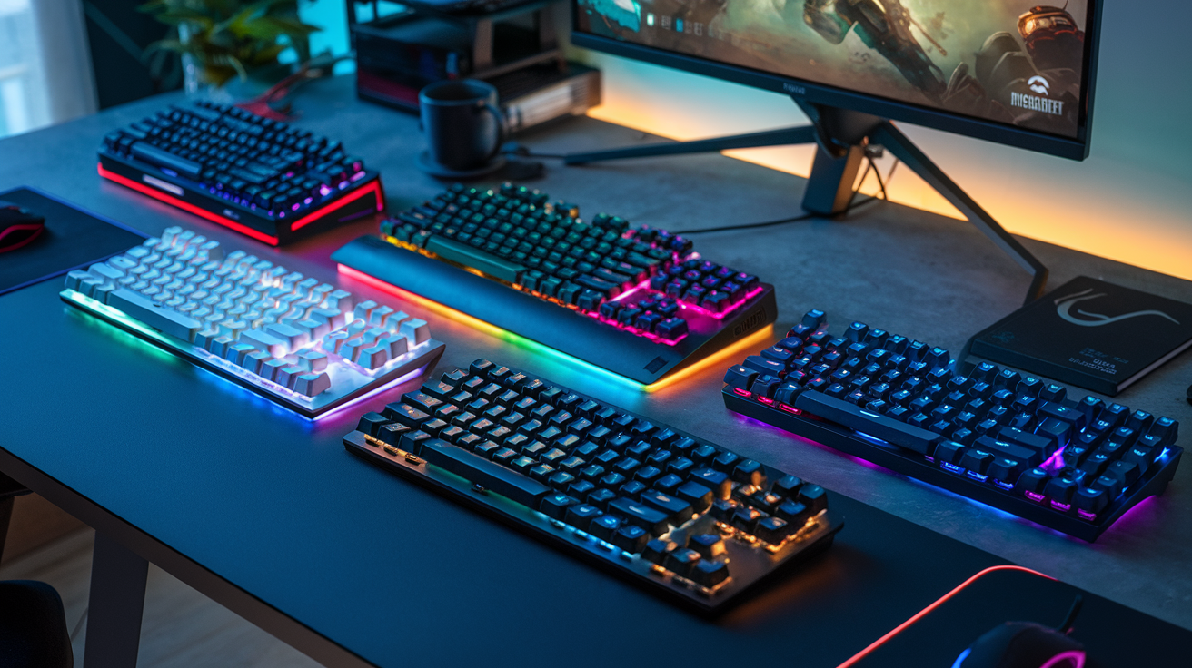 Create a realistic image of a stylish gaming setup featuring five different mechanical keyboards arranged in a semi-circle on a modern desk with RGB lighting glowing beneath them, a gaming monitor displaying a game in the background, and productivity tools like notebooks and a coffee mug on the side, with soft atmospheric lighting highlighting the different key switch colors and premium build materials of each keyboard.