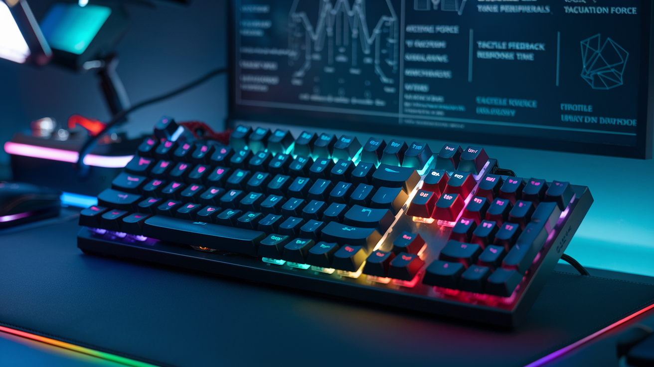 Create a realistic image of a premium mechanical keyboard with colorful RGB backlighting, showing distinct mechanical switches with keycaps removed to reveal the mechanism, placed on a clean desk alongside gaming peripherals, with a technical diagram or chart in the background highlighting key features like actuation force, tactile feedback, and response time, all lit with soft studio lighting to highlight the keyboard's build quality and details.