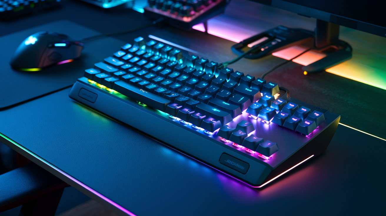 Create a realistic image of a premium gaming mechanical keyboard with RGB backlighting on a sleek desk, featuring colorful keycaps, visible mechanical switches, and a gaming mouse nearby, with a soft blue-purple glow reflecting on the desk surface, showcasing the keyboard's ergonomic design and tactile keys.