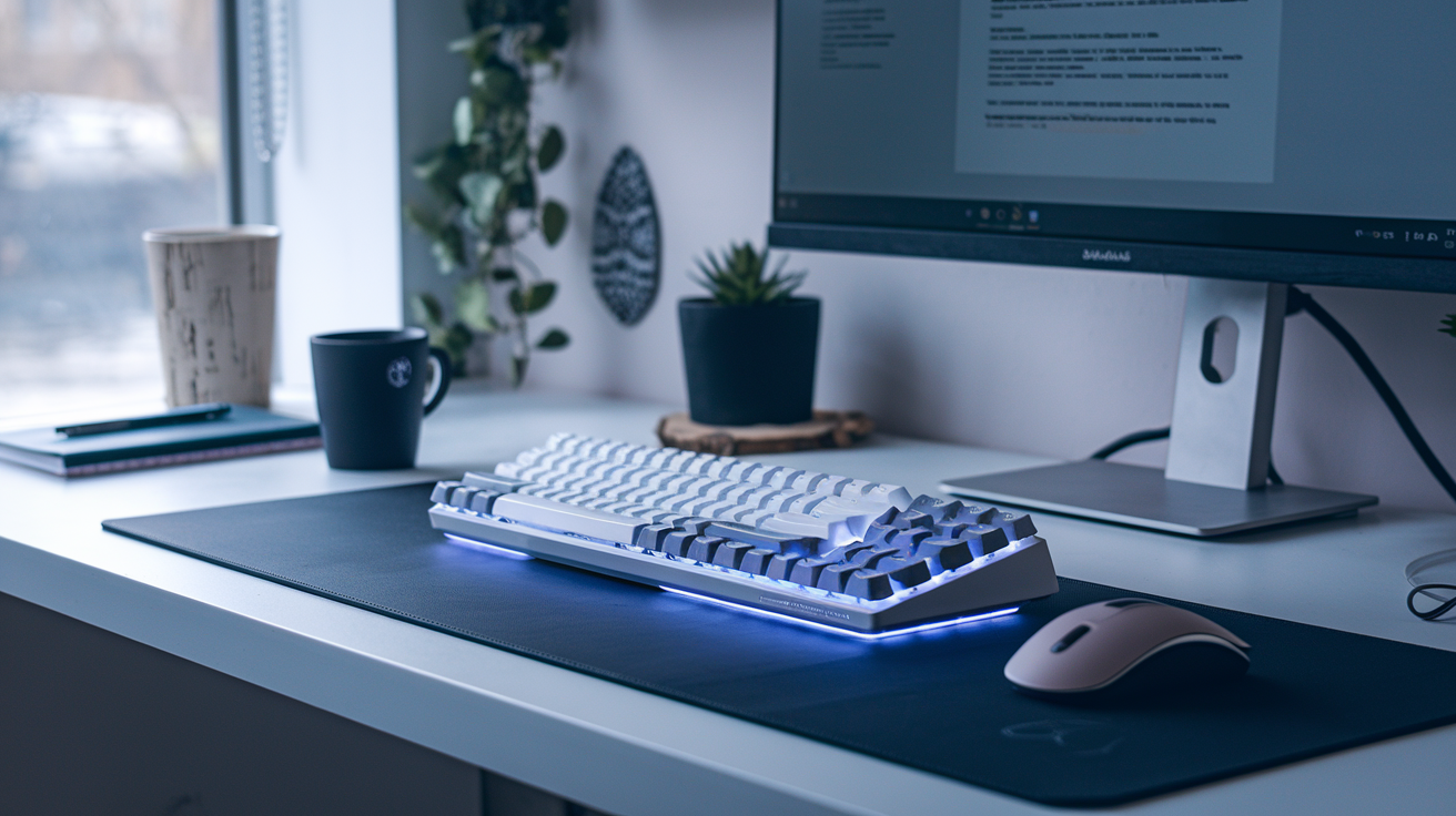 Create a realistic image of a clean, organized desk workspace with a high-end mechanical keyboard featuring a minimalist design, white LED backlighting, and dedicated media controls, alongside a sleek monitor displaying a document or spreadsheet, a coffee mug, and productivity tools like a notebook and pen, all in natural daylight coming through a nearby window, emphasizing a professional work environment.