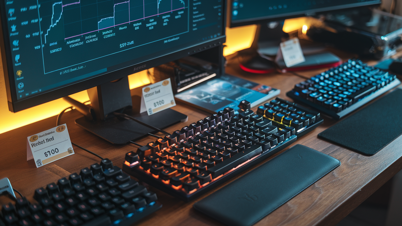 Create a realistic image of a wooden desk with multiple mechanical keyboards arranged side by side, each with a visible price tag, alongside a performance chart or graph on a computer monitor showing gaming and productivity metrics, with warm ambient lighting highlighting the keyboards' features, creating a professional product comparison scene.