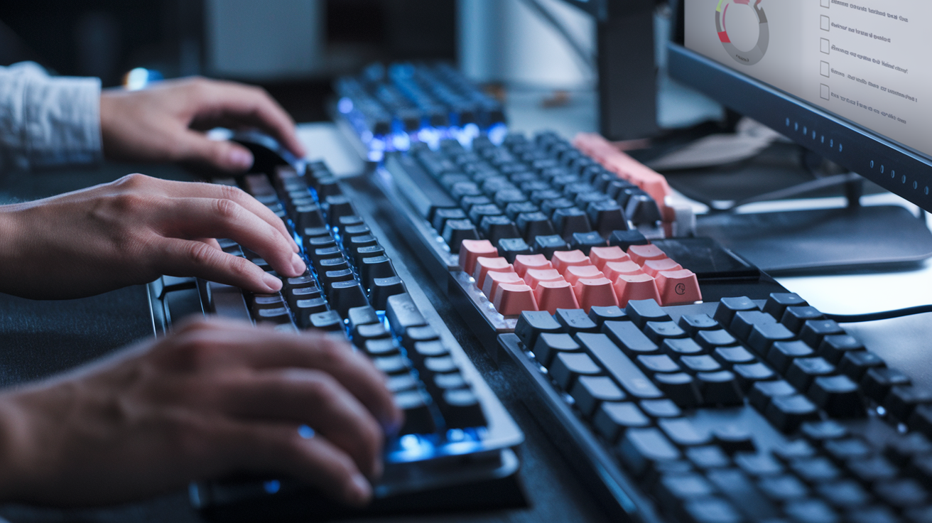 Create a realistic image of a close-up view of hands typing on different mechanical keyboards arranged side by side, showing various switch types (blue, red, brown) with keycaps in different colors, a comparison chart or checklist visible on a monitor in the background, soft studio lighting highlighting the texture and details of the keyboards, creating a productive workspace atmosphere.