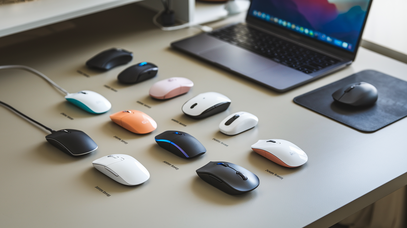 Create a realistic image of an elegant workspace setup showcasing a variety of wireless mice arranged in a gradient from budget to premium, displayed on a clean desk surface with a laptop, featuring different sizes, designs, and colors, with subtle price tags visible, soft natural lighting highlighting the ergonomic shapes and technical features, and "Find Your Perfect Wireless Mouse" appearing as small text in the corner.