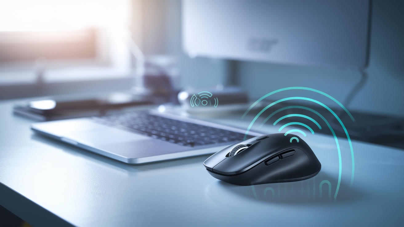 Create a realistic image of a wireless mouse with visible technical components like sensors and wireless transmitters, placed on a clean desk surface next to a laptop, with soft studio lighting highlighting the mouse's ergonomic design and featuring subtle technical diagrams or signal waves in the background to represent wireless connectivity technology.