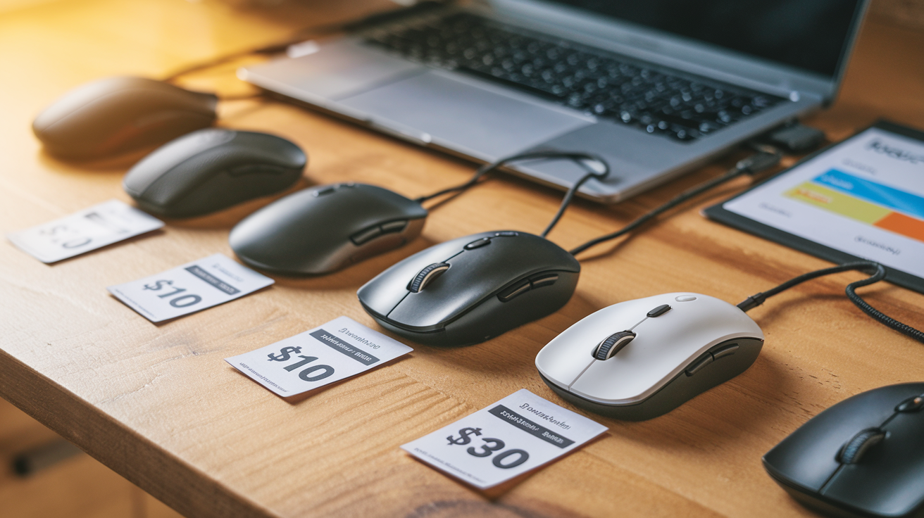 Create a realistic image of several budget-friendly wireless mice arranged on a wooden desk, with visible price tags showing figures between $10-$30, a laptop partially visible in the background, warm lighting highlighting the affordable options, and a small comparison chart showing basic features.