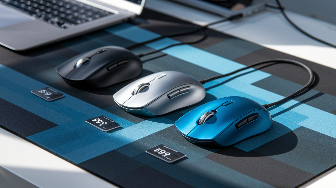 Create a realistic image of a desk workspace with 3-4 mid-range wireless mice arranged neatly on a modern mousepad, showing varied designs in black, silver, and blue colors, with a laptop partially visible in the background, and price tags of $39.99, $49.99, and $59.99 visible beside each mouse, under natural lighting that highlights the ergonomic features and quality materials of these mid-tier peripherals.