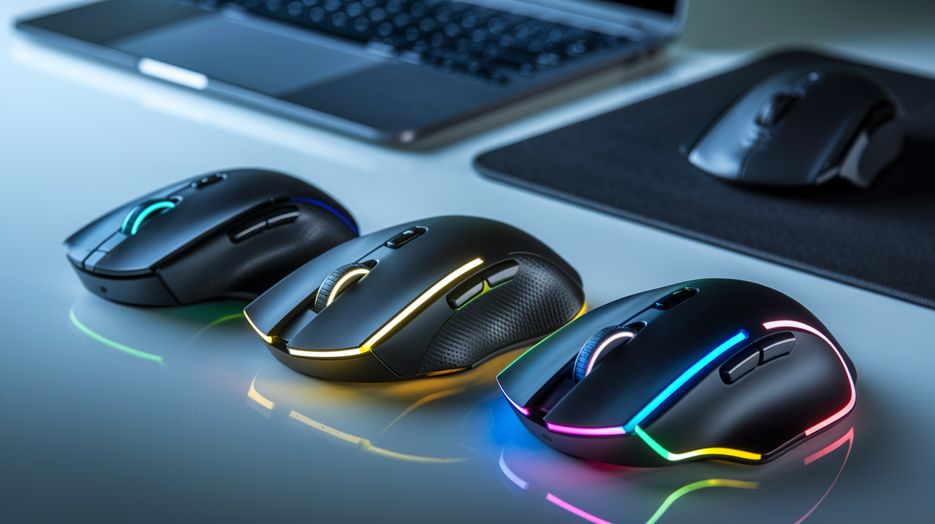 Create a realistic image of three high-end wireless mice arranged elegantly on a clean desk surface, showcasing their premium design features, ergonomic shapes, and RGB lighting. Include a MacBook Pro and a professional-looking mousepad in the background. The lighting should be soft and professional, highlighting the sleek materials and detailed buttons of these premium devices.