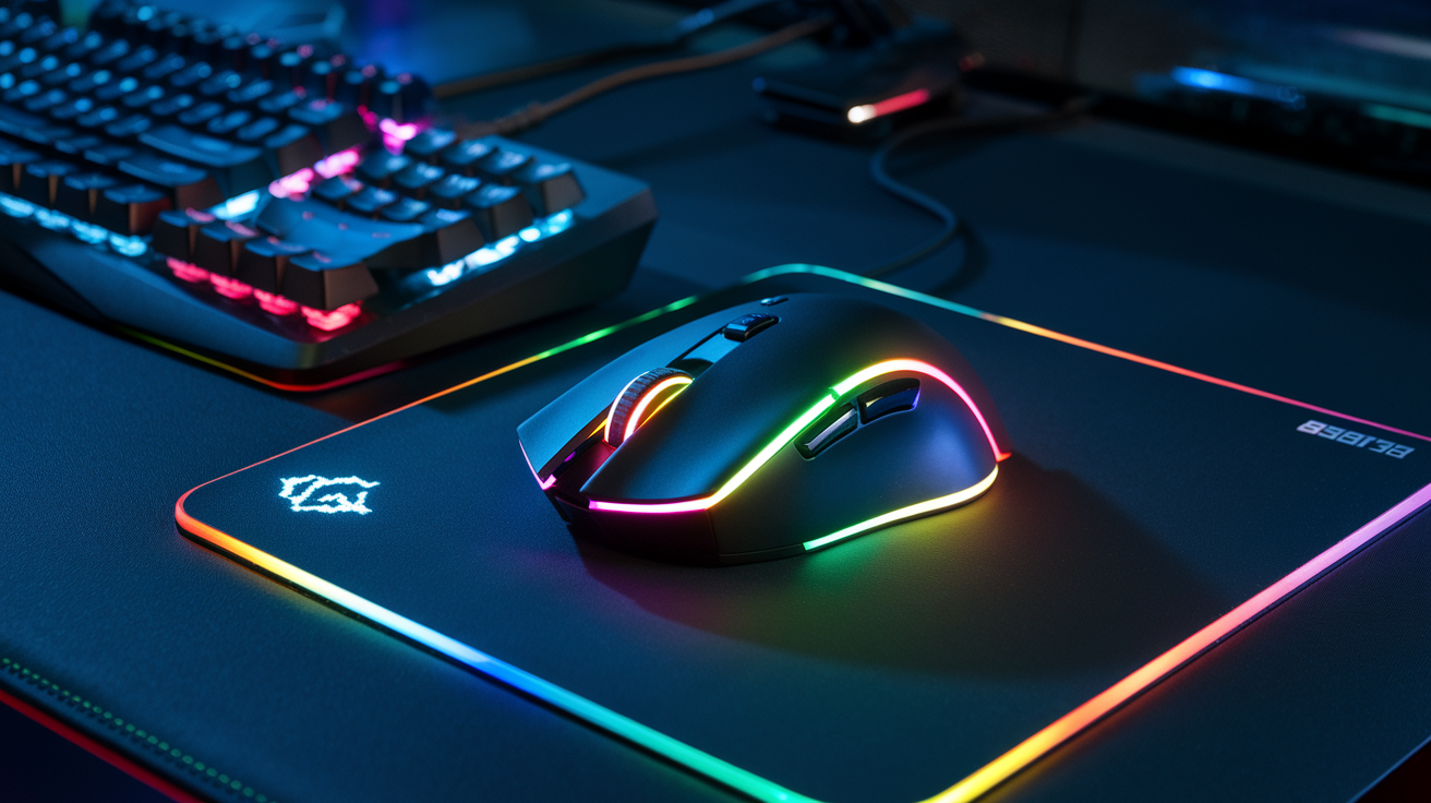 Create a realistic image of a high-performance wireless gaming mouse with RGB lighting displayed on a dark gaming desk, alongside a keyboard with matching illumination, showing off its ergonomic design with multiple programmable buttons, the mouse resting on a premium gaming mousepad with subtle reflections from the RGB lights.