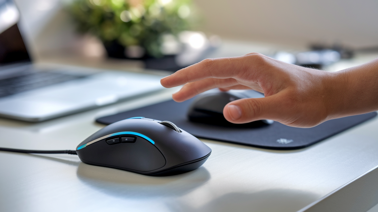 Create a realistic image of a sleek ergonomic wireless mouse with contoured design on a clean desk, positioned next to a wrist rest pad, with a person's hand (gender-neutral) hovering above in a natural position demonstrating proper ergonomic use, soft natural lighting highlighting the mouse's curves and buttons, a laptop slightly blurred in the background, and a small plant adding a touch of wellness to the workspace.