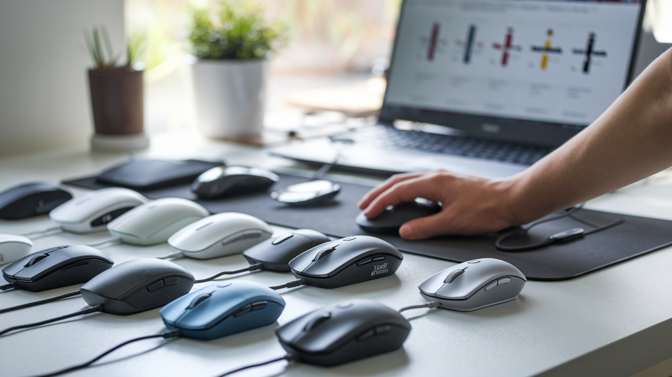Create a realistic image of a diverse array of wireless mice displayed on a modern desk with a person's hand hovering over them, comparing features, with a laptop showing a comparison chart in the background, soft natural lighting highlighting the different sizes and ergonomic designs of the mice, creating a helpful decision-making scene.