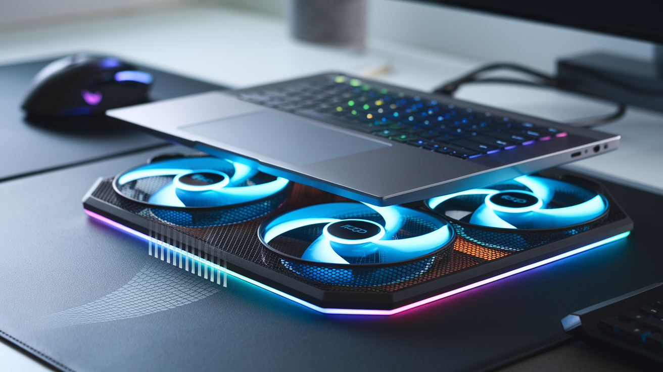 Create a realistic image of a sleek modern gaming laptop placed on a high-performance cooling pad with multiple illuminated blue fans visible beneath the mesh surface, with subtle RGB lighting accents, positioned on a clean desk with a gaming mouse nearby, showing temperature reduction visualized as a small heat wave graphic decreasing from the laptop base, and text overlay reading "Top 10 Cooling Solutions for Your Laptop"
