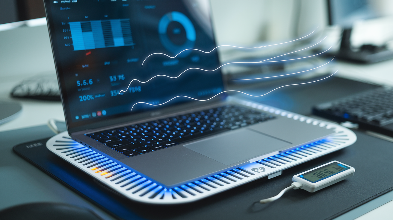 Create a realistic image of a laptop on a cooling pad with visible blue LED lights, showing heat dissipation represented by subtle wavy lines above the laptop, placed on a desk with temperature graphs or charts on the laptop screen demonstrating before/after cooling performance, with a digital thermometer nearby showing reduced temperatures.