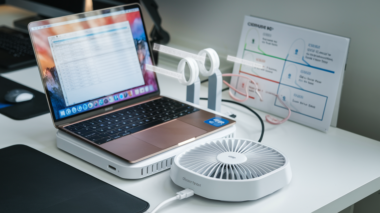 Create a realistic image of a desk setup with a laptop placed on a cooling pad, with visual indicators highlighting key features like fan placement, adjustable height settings, USB ports, and size compatibility, alongside a small comparison chart showing different cooling pad specifications in the background.