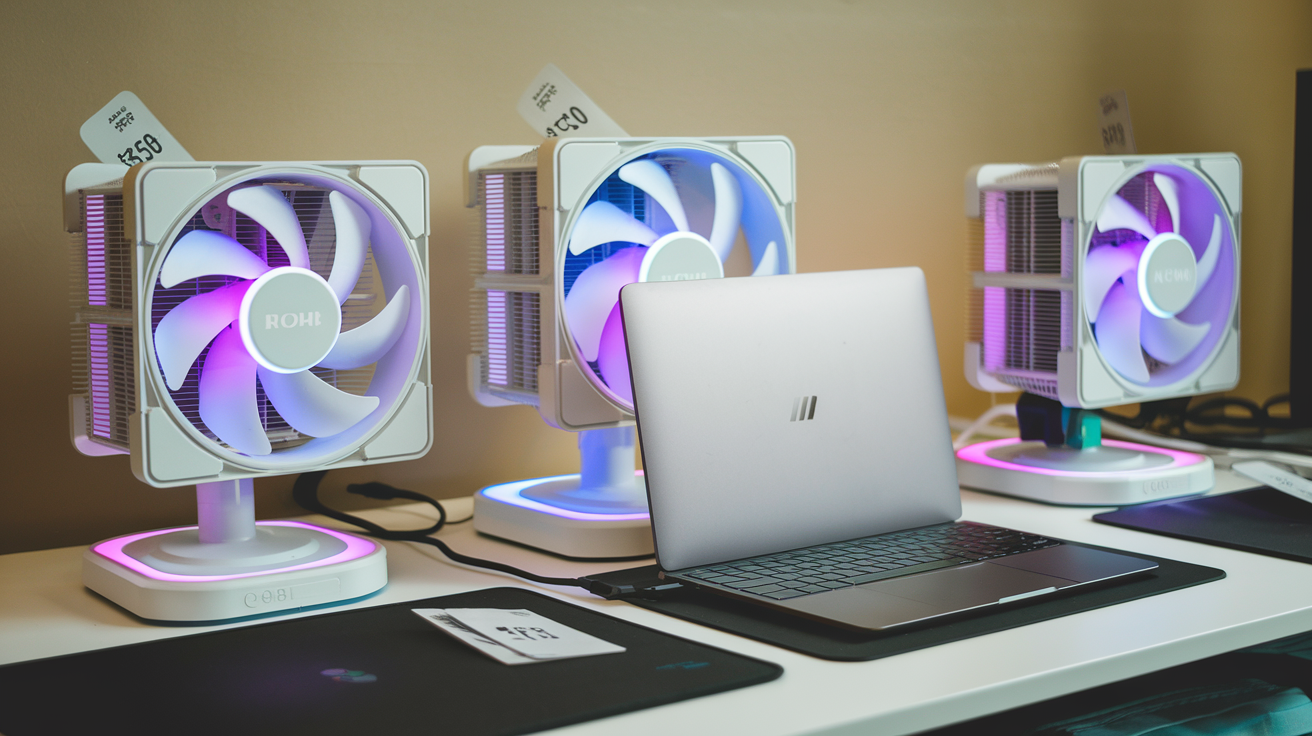 Create a realistic image of three mid-range laptop cooling pads arranged on a desk, showing their RGB lighting, multiple fans, and adjustable heights, with price tags between $30-$50 visible, and a laptop positioned on one of them demonstrating proper cooling setup.