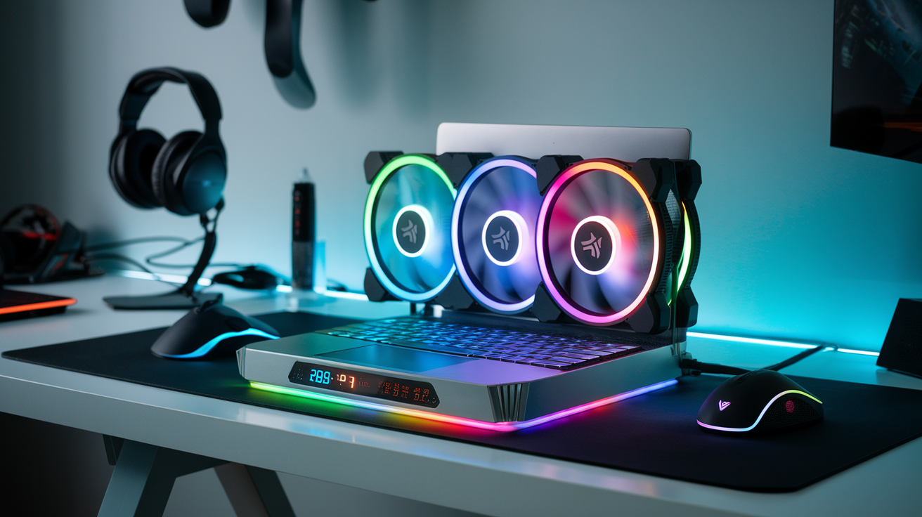 Create a realistic image of a high-end laptop cooling pad with multiple RGB-lit fans and premium aluminum construction, placed on a clean modern desk with a gaming laptop on top of it, showing temperature display panel, illuminated in soft blue lighting to highlight the premium materials and cooling efficiency.