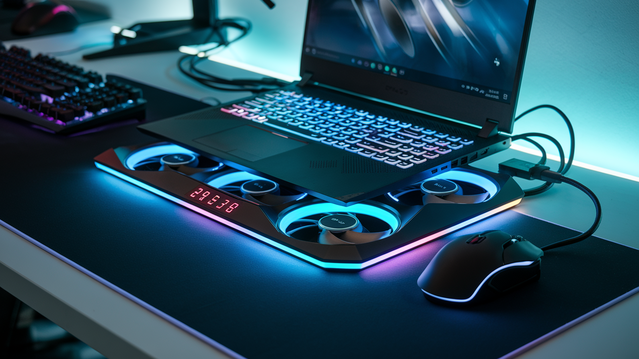 Create a realistic image of a high-performance gaming laptop sitting on a sleek, RGB-lit cooling pad with multiple fans visible, showing temperature display readings dropping, placed on a gaming desk with a mechanical keyboard and gaming mouse nearby, soft blue ambient lighting highlighting the cooling system in action.