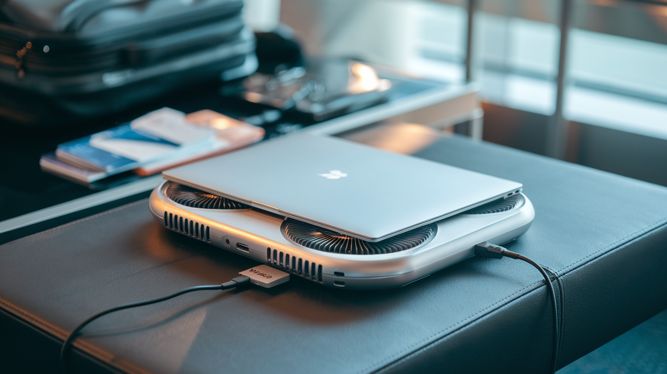 Create a realistic image of a compact, lightweight laptop cooling pad resting on a coffee table in an airport lounge, with a sleek silver laptop positioned on top, showing temperature gauges and multiple fans. In the background, a glimpse of carry-on luggage and boarding passes suggests travel context, with soft ambient lighting highlighting the cooling pad's portable design and USB connectivity.