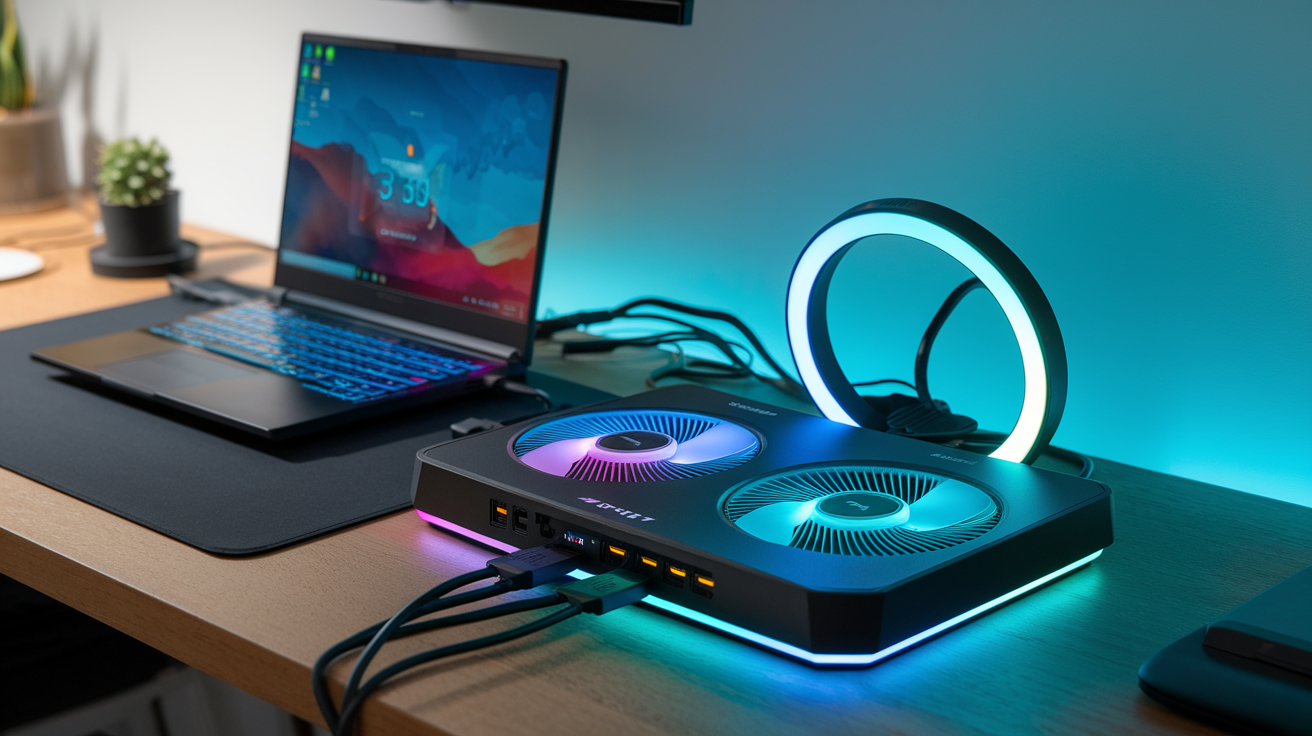 Create a realistic image of a high-performance laptop cooling pad with RGB lighting, USB ports, and adjustable fans, placed on a wooden desk next to a gaming laptop showing temperature monitoring software, with a clean, modern workspace background and cool blue ambient lighting highlighting the cooling pad's extra features.