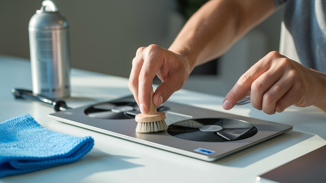 Create a realistic image of a person's hands cleaning a laptop cooling pad with a small brush, showing dust being removed from the fan vents, with maintenance supplies like compressed air can and microfiber cloth arranged nearby on a clean desk, soft natural lighting highlighting the detailed cleaning process.