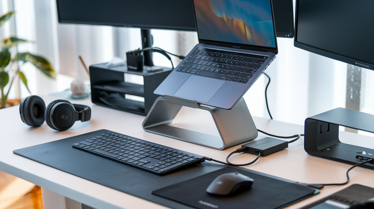 Create a realistic image of a modern, organized desk workspace featuring a sleek laptop on a stand, surrounded by essential tech accessories including a multi-port USB-C hub, wireless ergonomic keyboard, precision mouse, external SSD, noise-cancelling headphones, GaN charger, and a secondary monitor, all arranged neatly with minimal cable clutter against a bright, airy background with natural lighting.