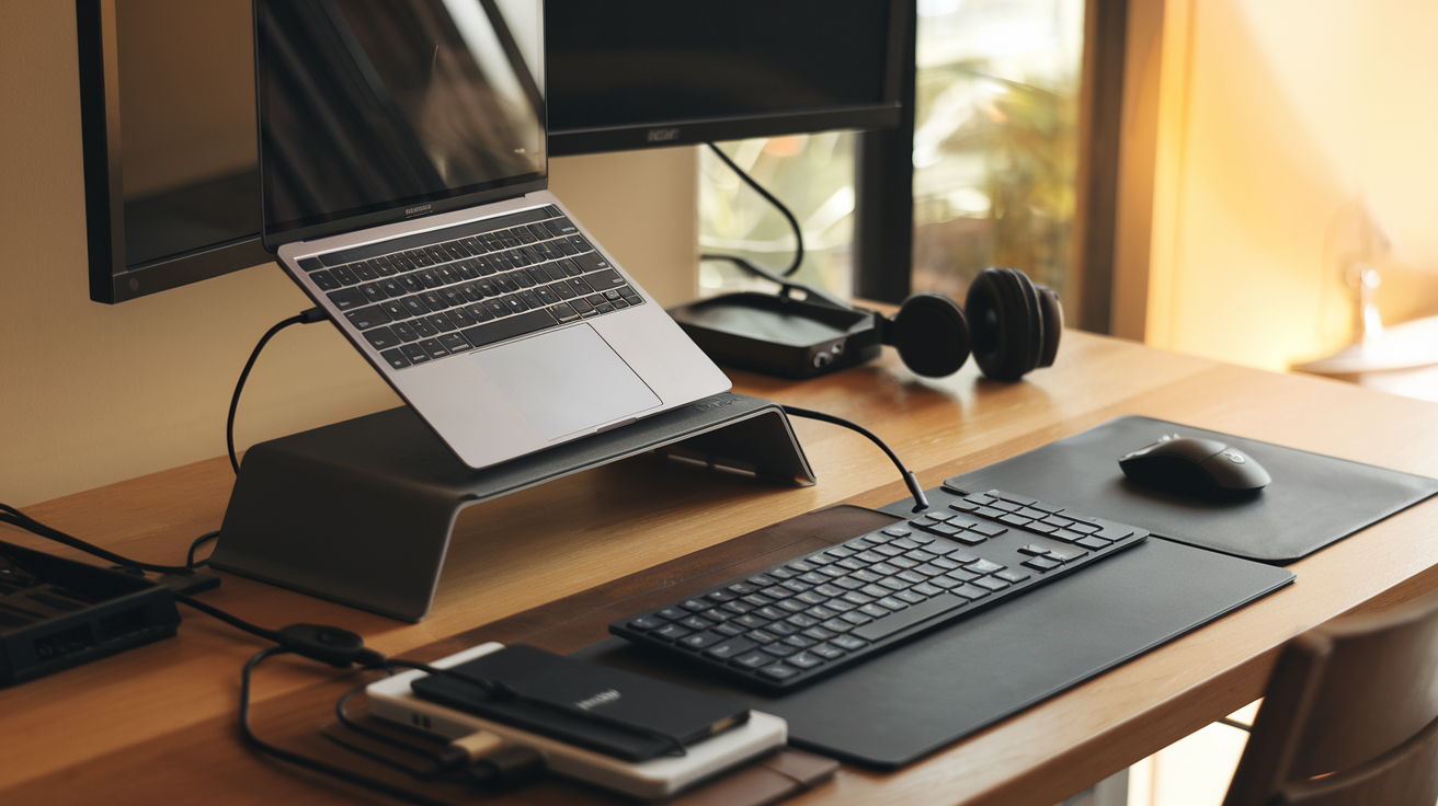 Create a realistic image of a clean, modern desk workspace with a laptop, wireless mouse, mechanical keyboard, laptop stand, wireless headphones, external monitor, USB hub, cable organizer, and notebook, all arranged neatly on a wooden desk with warm natural lighting coming from a nearby window, highlighting the essential tech accessories for productivity.
