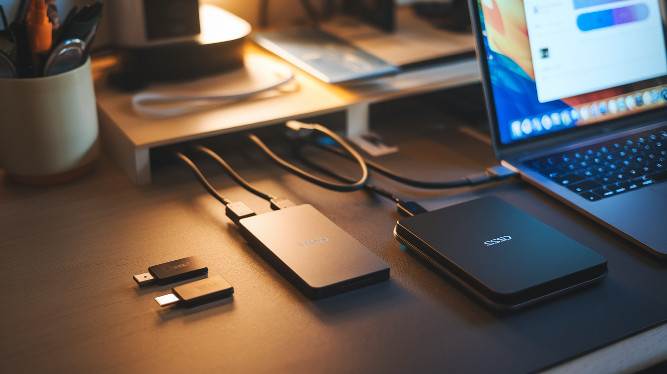 Create a realistic image of a desk workspace with various external storage devices including a sleek portable SSD, USB flash drives, and an external hard drive connected to a modern laptop, alongside a cloud storage app open on the screen, with warm office lighting highlighting the devices, and a neat cable management system keeping everything organized.