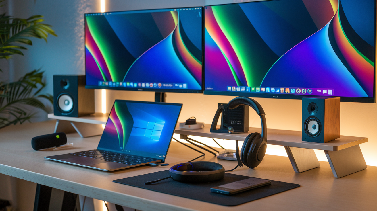Create a realistic image of a modern laptop workstation with high-quality audio-visual accessories, including sleek black headphones, a compact external microphone, dual monitors with vivid displays showing productivity apps, small bookshelf speakers, and a webcam with enhanced lighting ring, all arranged on a clean wooden desk with soft ambient lighting highlighting the tech equipment.