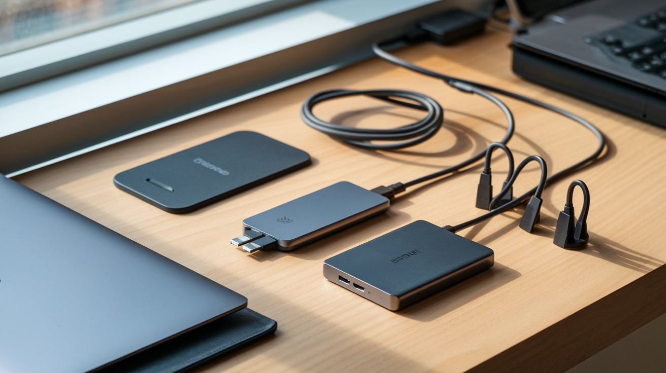 Create a realistic image of a modern desk workspace with various laptop charging accessories, including a sleek USB-C hub, wireless charging pad, portable power bank, cable management clips, and a multi-port wall charger, all neatly arranged on a clean wooden surface with a laptop partially visible, bathed in natural window light highlighting the metallic and plastic finishes of the tech accessories.