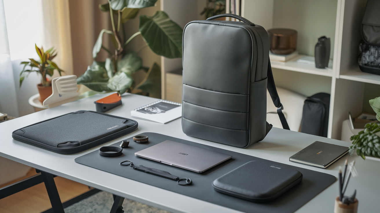 Create a realistic image of a sleek laptop backpack surrounded by protective accessories including a padded laptop sleeve, hard shell case, screen protector, water-resistant cover, and travel-friendly cable organizers, all arranged on a modern desk with soft lighting highlighting the durability and portability features of the products.
