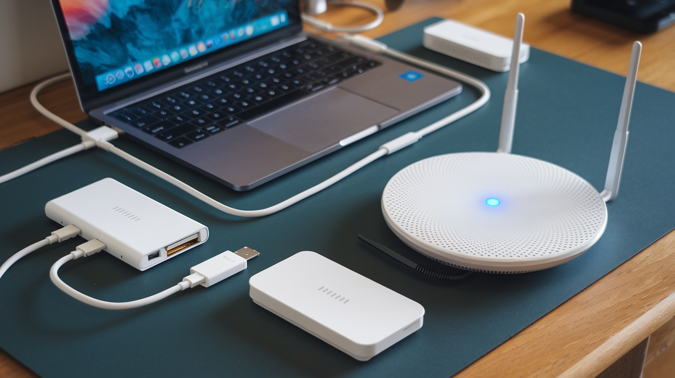 Create a realistic image of a modern desk workspace with a laptop connected to multiple networking devices including a sleek WiFi mesh router, a portable USB-C hub with multiple ports, an ethernet adapter, and a compact wireless range extender, all arranged neatly on a wooden desk with subtle blue connectivity lights glowing, showing an improved network setup for enhanced productivity.