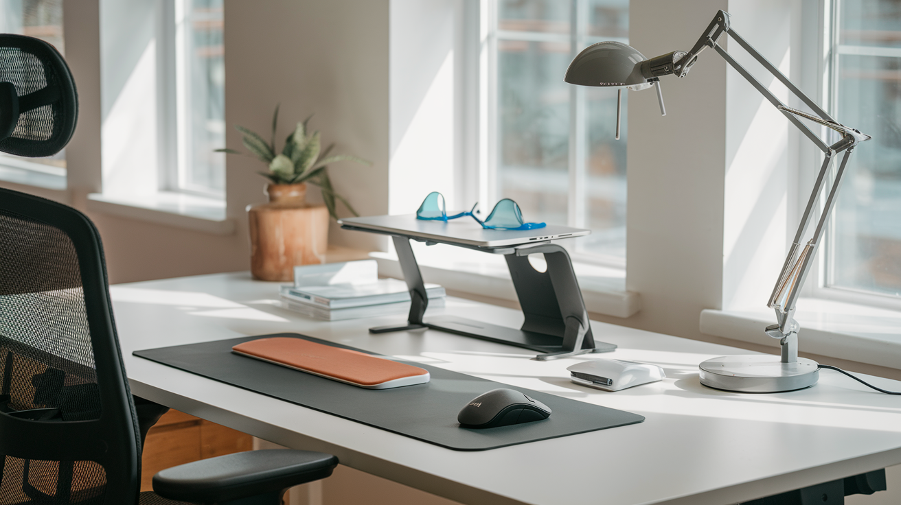 Create a realistic image of a minimalist workspace with ergonomic accessories including a laptop stand, ergonomic mouse, wrist rest pad, blue light blocking glasses, and an adjustable desk lamp, arranged neatly on a clean desk with a comfortable ergonomic chair, natural lighting streaming through nearby windows, creating a health-conscious and comfortable work environment.