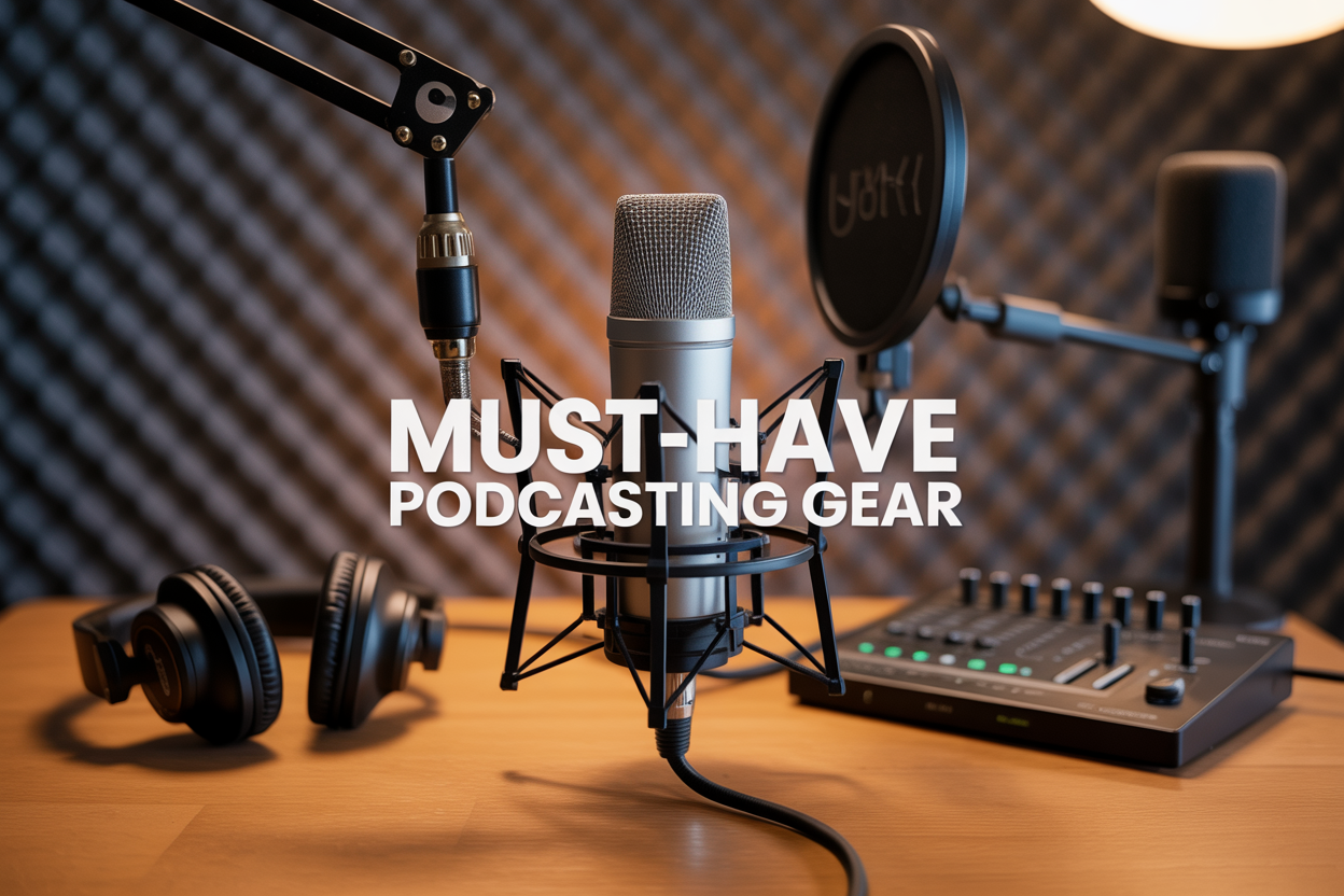 Create a realistic image of a professional podcasting setup on a wooden desk featuring a premium dynamic microphone on an adjustable boom arm as the central focus, surrounded by essential audio equipment including studio headphones, a digital audio interface, pop filter, and acoustic foam panels visible in the background, with warm studio lighting creating a professional atmosphere, and the text "Must-Have Podcasting Gear" displayed prominently in modern typography overlay.