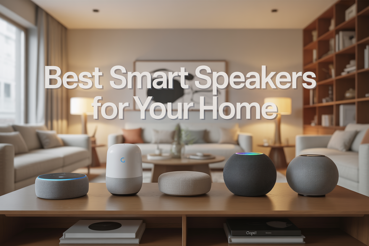 Create a realistic image of a modern living room showcasing multiple smart speakers from different brands including Amazon Echo, Google Nest, and Apple HomePod arranged on a sleek wooden console table, with soft warm lighting from a nearby floor lamp, clean minimalist home decor in the background featuring a comfortable sofa and bookshelf, and the text "Best Smart Speakers for Your Home" elegantly displayed in modern sans-serif font overlaying the upper portion of the image.