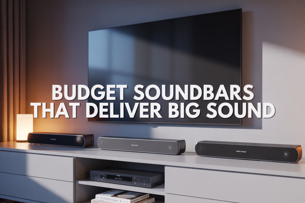 Create a realistic image of a modern living room setup featuring three different budget soundbars of varying sizes displayed on a clean white entertainment center below a wall-mounted flat screen TV, with warm ambient lighting creating a cozy atmosphere, soft shadows cast on the light gray wall behind, and the text "Budget Soundbars That Deliver Big Sound" elegantly overlaid in bold white font with a subtle dark shadow for contrast.