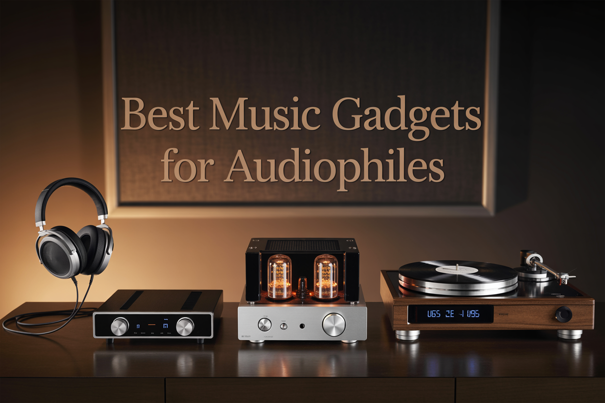 Create a realistic image of a premium audio setup featuring high-end over-ear headphones, a sleek digital audio player, a sophisticated amplifier with glowing tubes, a modern DAC unit with digital displays, and a precision turntable with vinyl records, all arranged on a dark wooden surface against a softly lit background with warm ambient lighting, including the text "Best Music Gadgets for Audiophiles" prominently displayed in elegant typography.
