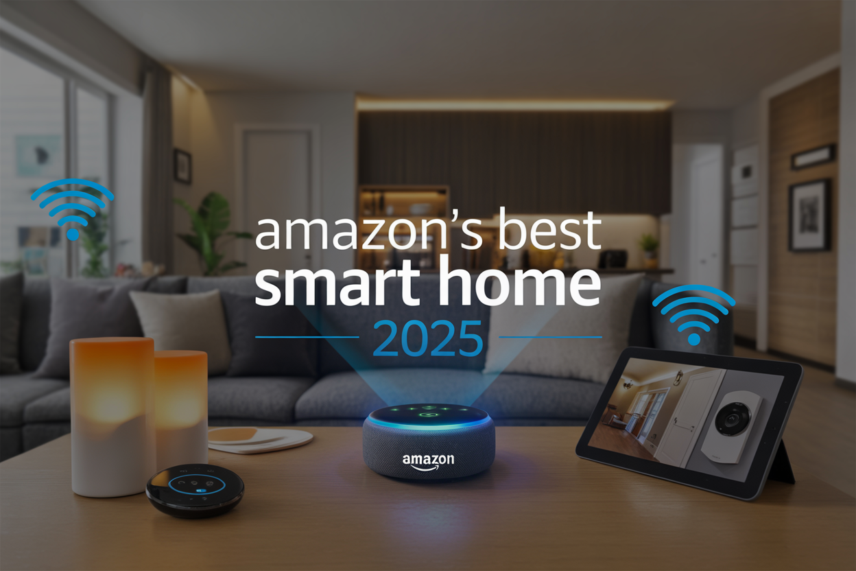 Create a realistic image of a modern living room showcasing Amazon's smart home ecosystem with an Echo Dot on a coffee table, smart LED lights casting warm ambient lighting, a Ring doorbell visible on a tablet screen, a smart thermostat on the wall, and subtle kitchen appliances in the background, all connected by subtle blue digital connection lines or wifi symbols, with the text "Amazon's Best Smart Home 2025" overlaid in sleek modern font, featuring a clean contemporary home interior with natural lighting from windows and a tech-savvy atmosphere.