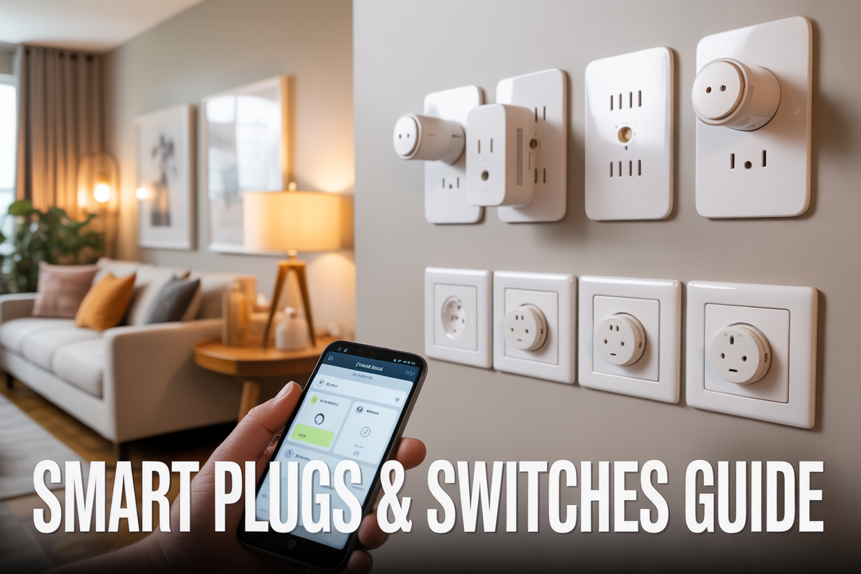 Create a realistic image of a modern living room wall featuring multiple white smart plugs and smart light switches installed, with various home devices like lamps and electronics connected, smartphone in the foreground showing a smart home control app interface, warm ambient lighting from controlled smart bulbs, clean contemporary home interior background, and overlay text reading "Smart Plugs & Switches Guide" in bold modern font.