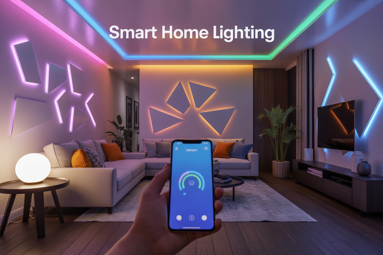 Create a realistic image of a modern living room showcasing various smart lighting options including colorful LED light strips along the ceiling edges, smart bulbs in table lamps casting warm ambient light, geometric smart light panels on the wall displaying vibrant colors, and a smartphone in the foreground controlling the lighting system, with cozy furniture and plants creating a welcoming atmosphere, featuring the text "Smart Home Lighting" elegantly overlaid in the upper portion of the image.