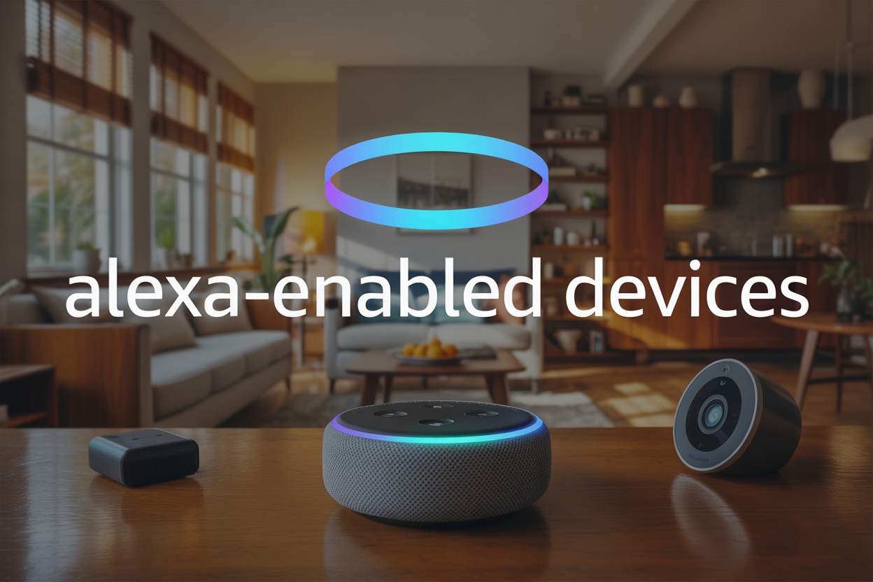 Create a realistic image of a modern living room showcasing multiple Alexa-enabled devices including a smart speaker on a coffee table, a smart thermostat on the wall, a smart security camera near a window, and a smart kitchen display visible in the background, with the Amazon Echo's blue ring light glowing, surrounded by a warm and inviting home atmosphere with natural lighting streaming through windows, featuring the text "Alexa-Enabled Devices" prominently displayed in modern sans-serif font overlay.