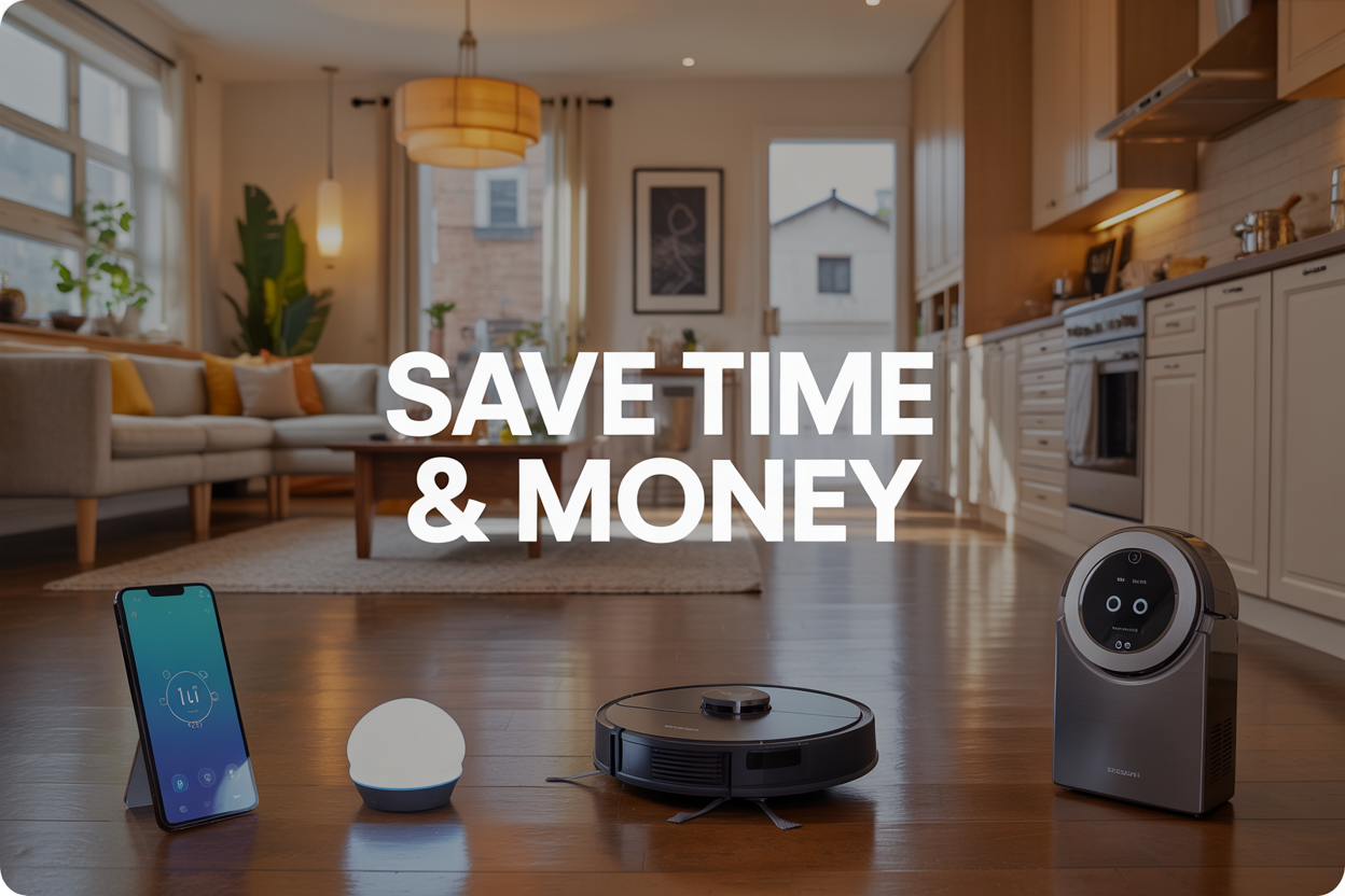 Create a realistic image of a modern living room and kitchen space showcasing various smart home gadgets including a sleek smartphone displaying a home automation app, a robotic vacuum cleaner on hardwood floors, smart LED light bulbs, a digital thermostat on the wall, and a smart kitchen appliance on the counter, with warm natural lighting streaming through windows, featuring the text "Save Time & Money" prominently displayed in modern sans-serif font, creating an aspirational and tech-savvy atmosphere that emphasizes efficiency and cost savings.