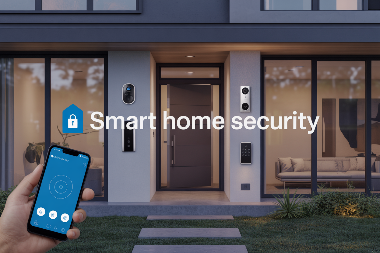 Create a realistic image of a modern home's front entrance showcasing multiple smart security devices including a video doorbell mounted beside a sleek front door, a smart door lock with digital keypad, window sensors on nearby windows, and indoor security cameras visible through glass panels, with a smartphone in the foreground displaying a security app interface, set against a contemporary house exterior with warm evening lighting, featuring the text "Smart Home Security" prominently displayed in modern typography.